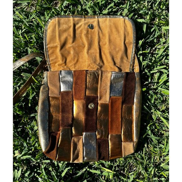 VTG 1980's Metallic Patchwork Leather Crossbody Bag Boho Purse Distressed Suede - Picture 4 of 12
